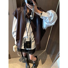 摩且 摩登加分项 廓形感复古机车立领PU皮坎肩马甲外套 MQ0718
