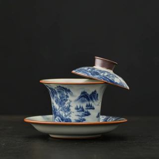 黄汝盖碗茶壶茶杯高足三才茶碗青花瓷单个品茗杯高档过滤茶具零配