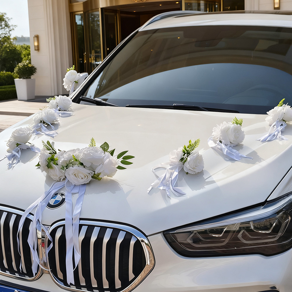 Decoración principal del coche de boda, simulación de flores, rosa china, diseño del equipo de boda, conjunto completo de automóviles de boda