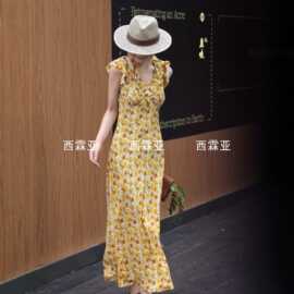 金辉夏真丝双绉印花前后领荷叶边袖连衣裙