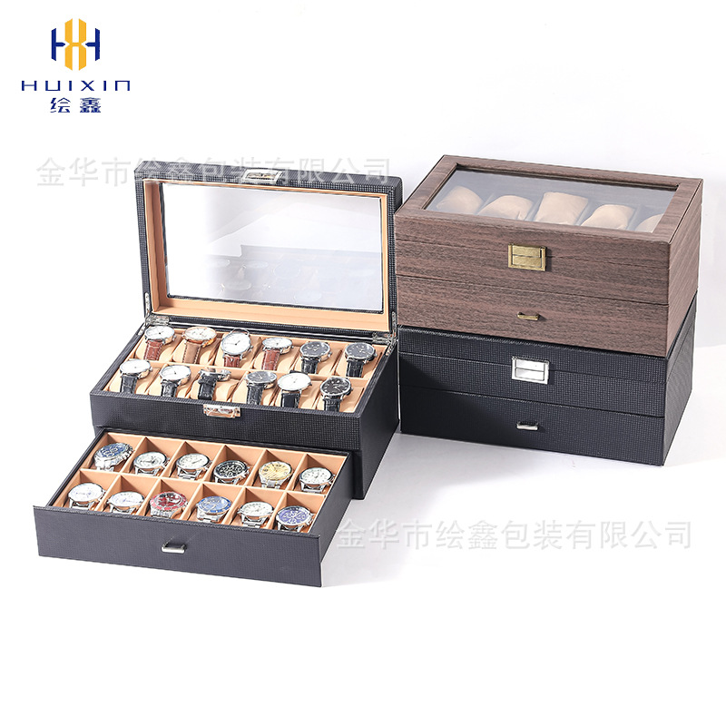 Double Layer 24 Bit Watch Box in stock Wholesale Carbon Fiber Vintage PU Watch Jewelry Box Watch Storage Box