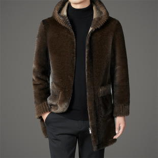 Winter Ferret Men's Hooded Fur Jacket Warm Fashion Mid-length Mink Velvet Coat Fur One-piece Thickened