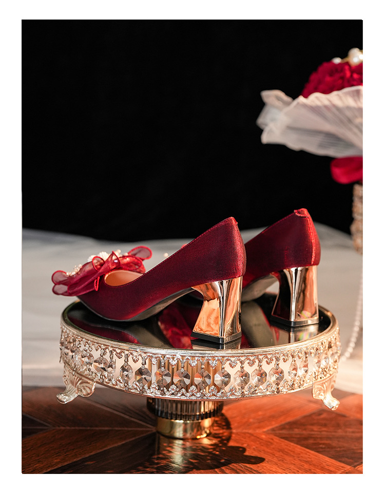6222A-008 Chunky Heel Pointed Toe Satin Appliqué High Heels For Banquet Wedding Bridesmaid Shoes Comfortable Versatile_voghion.com