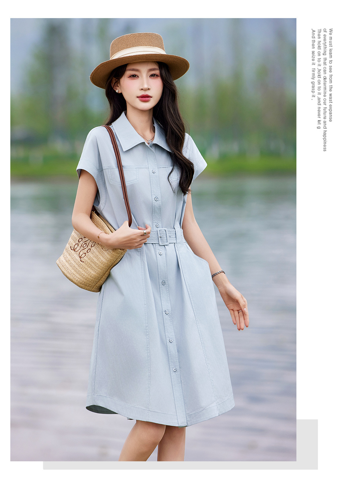 Đầm polo nữ cổ bẻ thắt eo dáng suông midi mùa hè — màu xanh nhạt, màu trắng ngà chi tiết 17