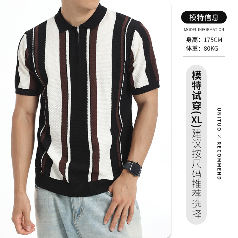 Europa y Estados Unidos transfronterizos hombres rayas hielo tejido polo medio cremallera solapa manga corta ligera camiseta casual de negocios madura