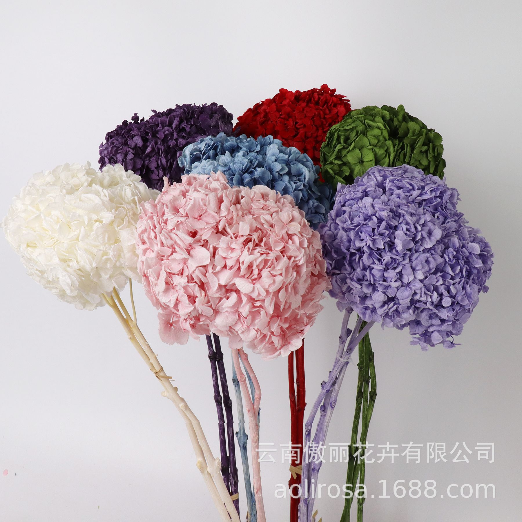 Hortensia de hoja grande flor permanente sola Hortensia con varilla decoración boda decoración floral DIY flor material fábrica al por mayor