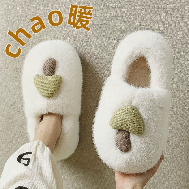 Мультяшный гриб хлопчатобумажные тапочки с каблуком для женщин 2024 новый осенний и зимний комнатная домашняя толстая подошва теплая меховая туфля