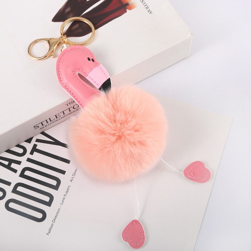 Cross-border leather PU Flamingo fur ball keychain women's bag pendant car key accessories manufacturers in stock