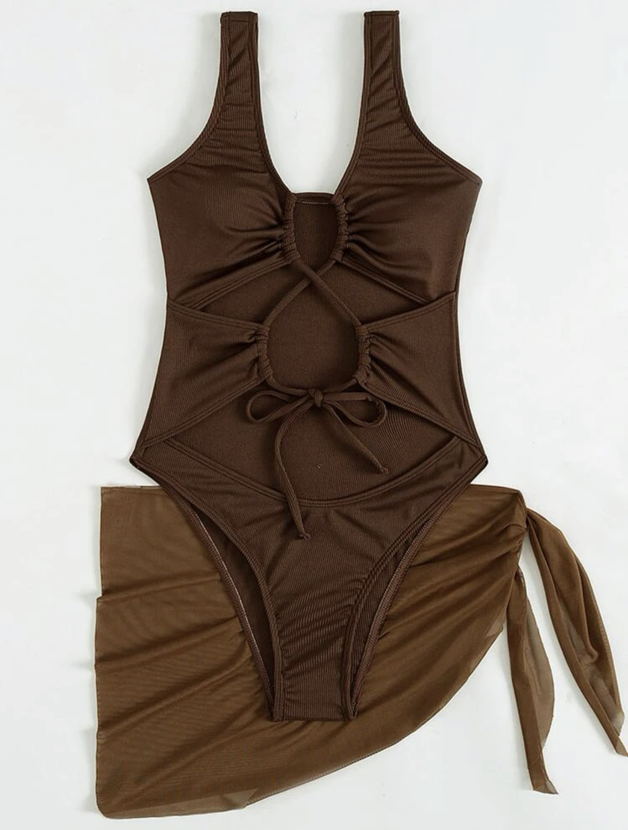 solid color pit strip one-piece swimsuit with short mesh skirt set NSCSY135086