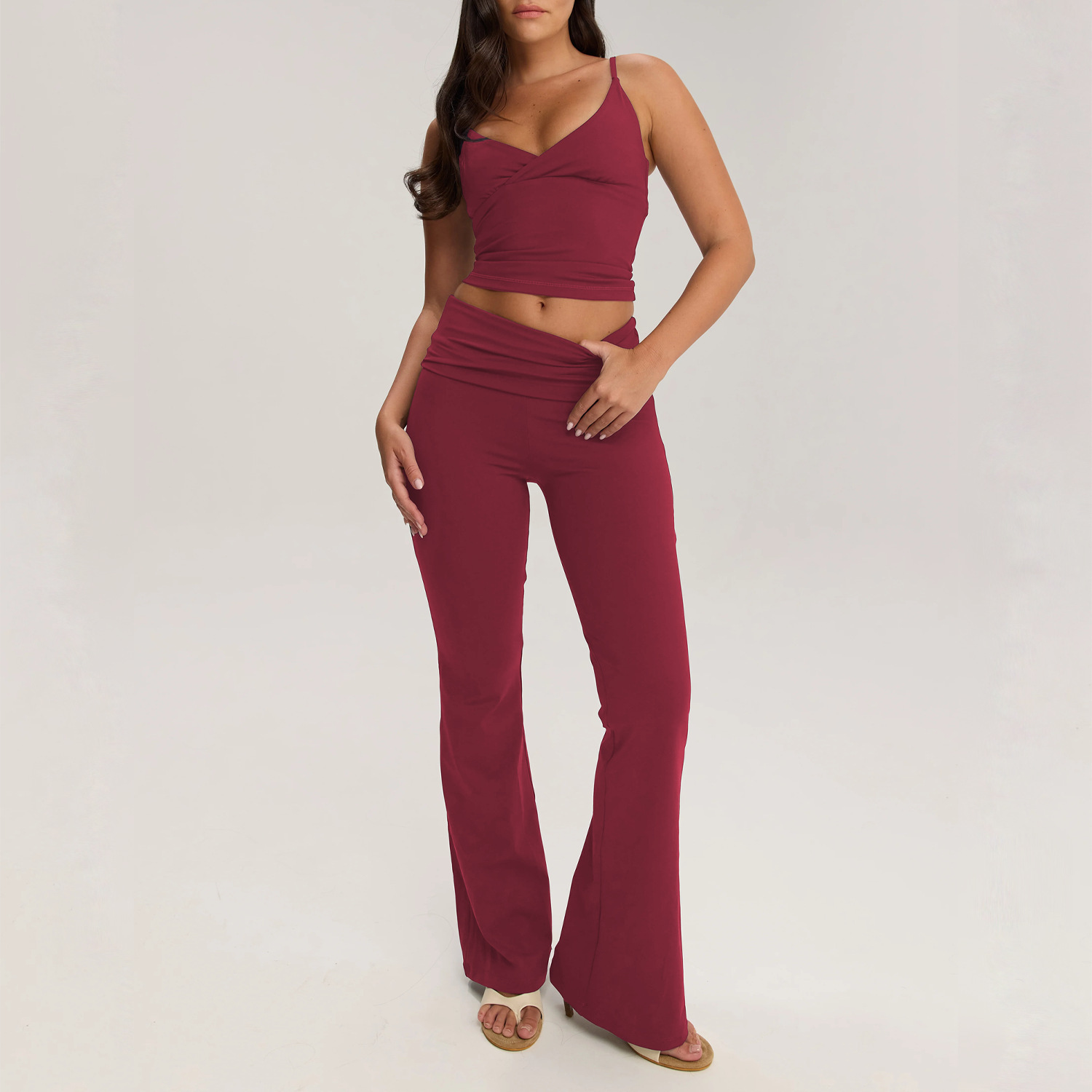 Nuevo conjunto de yoga plegable cabina de acondicionamiento físico chaqueta de mujer pantalones largos para correr pantalones deportivos de piernas anchas dos piezas image 13