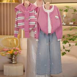 女童套装新款开衫洋气条纹海军针织毛衣春秋牛仔裤外穿两件套
