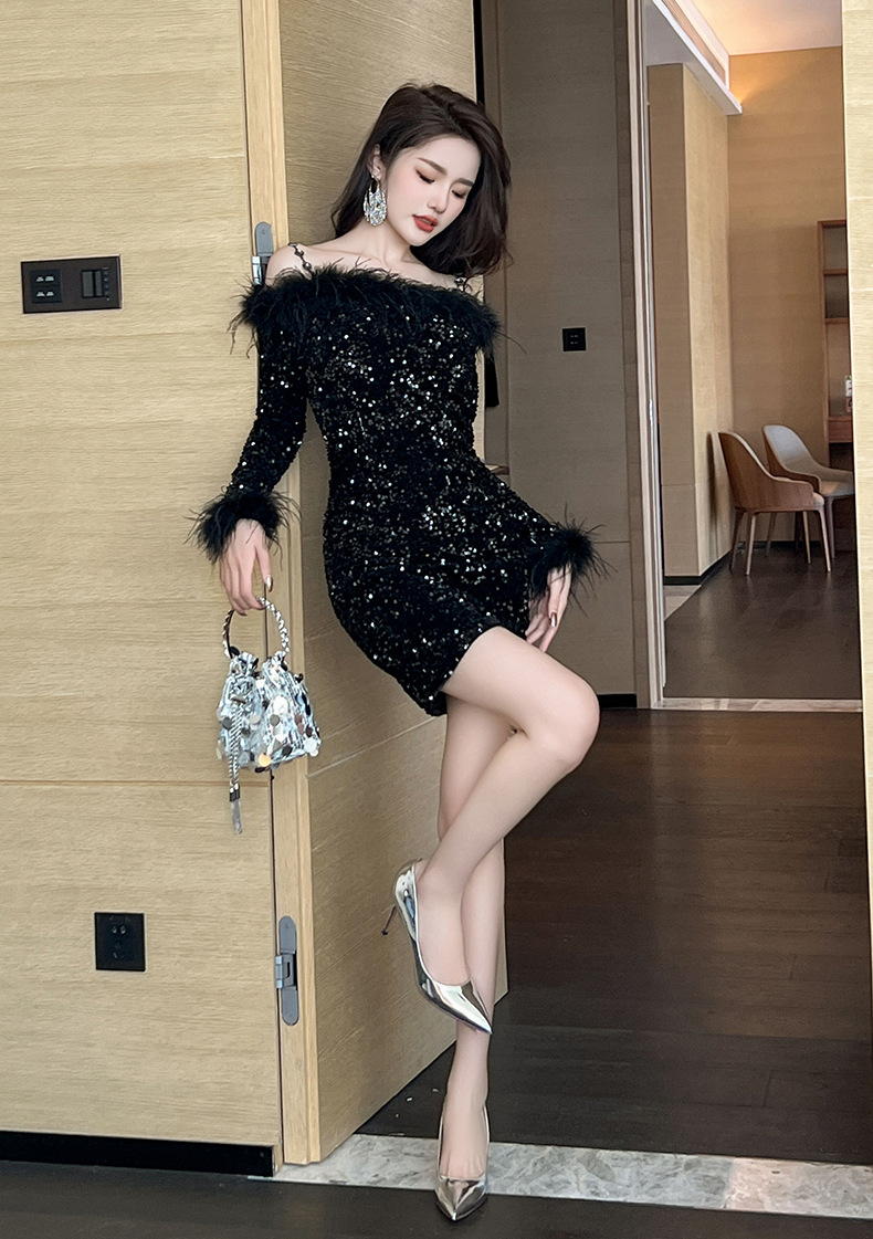 Đầm ôm body nữ dự tiệc cổ yếm đính sequin — Màu đen chi tiết 12