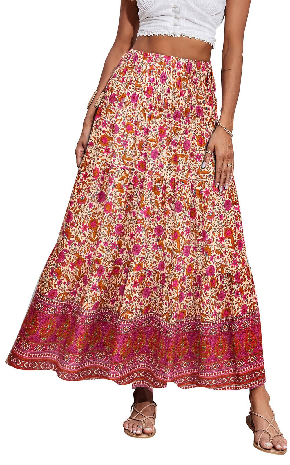 New European And American Printed Flared Bohemian Casual High-waisted Long Skirt, Beach Skirt For Women_ecoleips.com