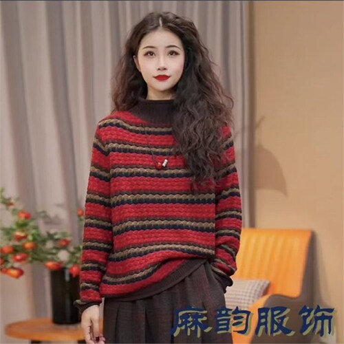 Live Streaming Bestselling Autumn/Winter New Fashion Trendy Color Block Striped Half-Neck Knit Sweater