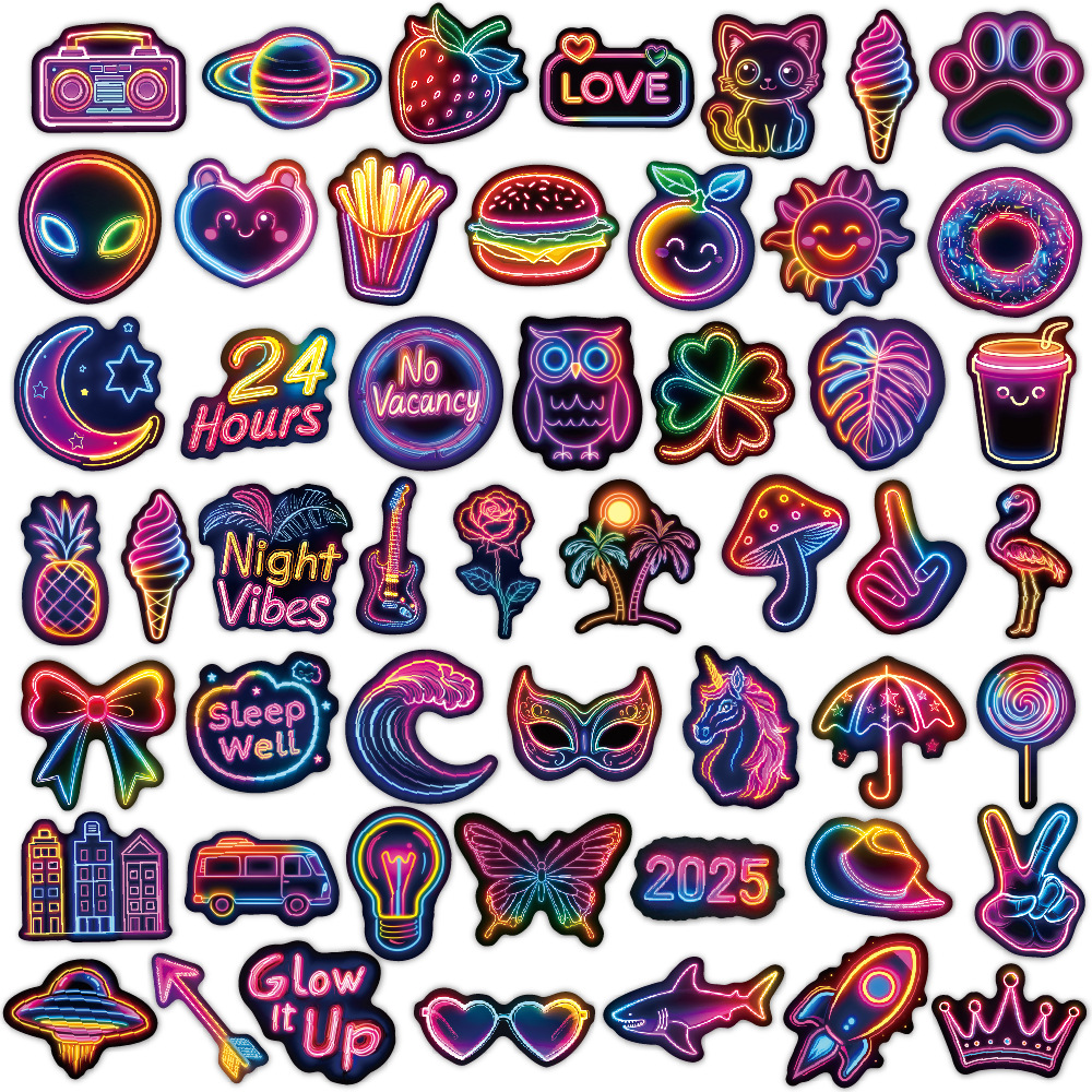 (2개) 국경 네온 스티커 50개 멋진 개성 트렌드 방수 그래피티 장식 스케이트보드 가방 네온 스티커