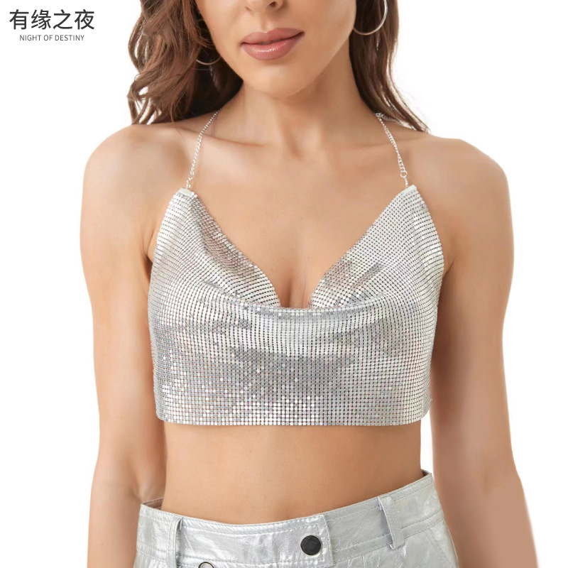Europe and the United States cross-border suspenders tube chest hot girl sexy metal chain suspenders top vest solid color sequins private clothing socialite