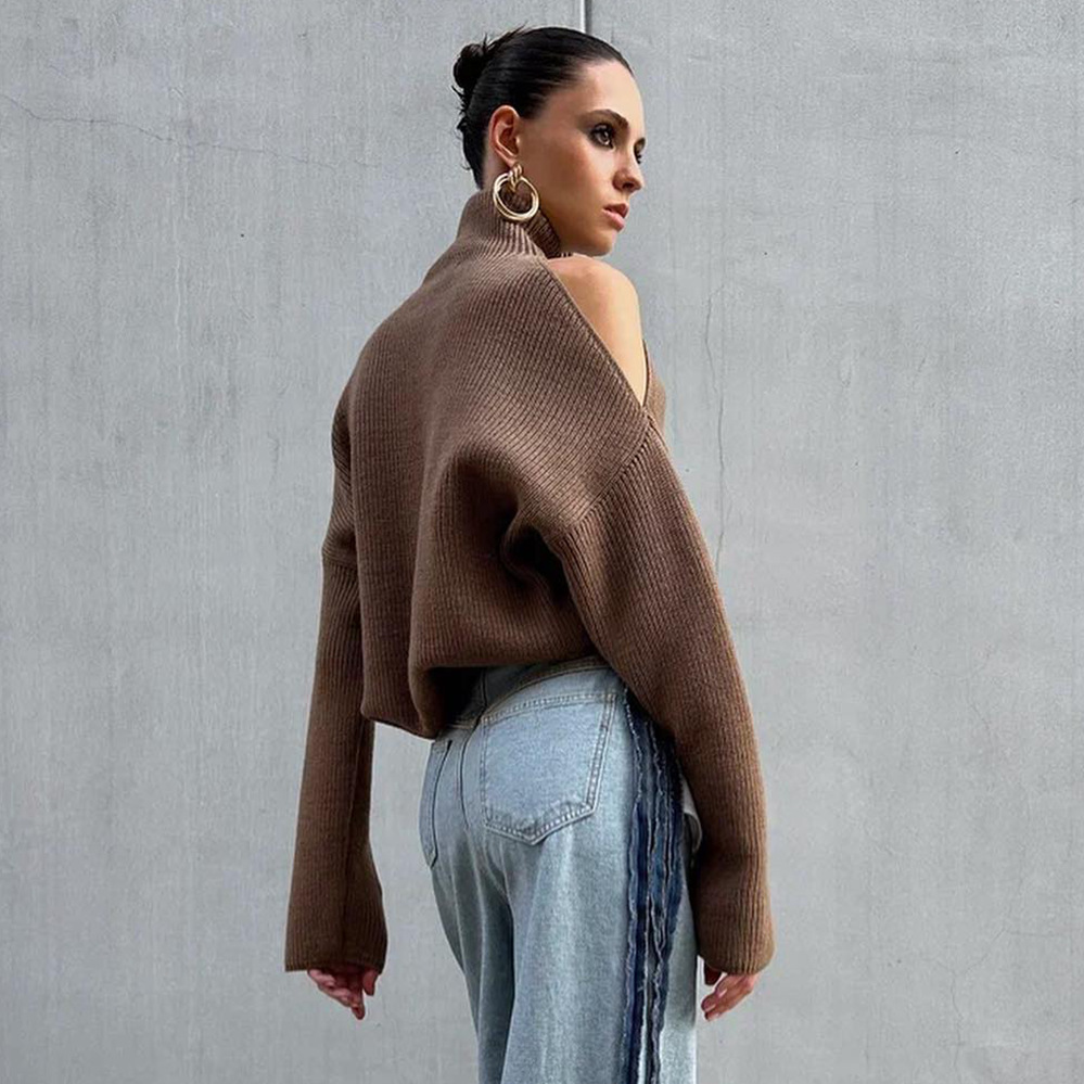 Off-Shoulder High Neck Sweater – Oversized Knit Top With Slouchy Drop Shoulder & Openwork Details (S-L, Brown)_voghion.com