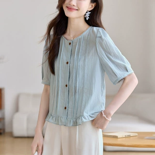 天丝衬衫女短袖2025夏季新款宽松百搭小个子花边上衣短款洋气小衫