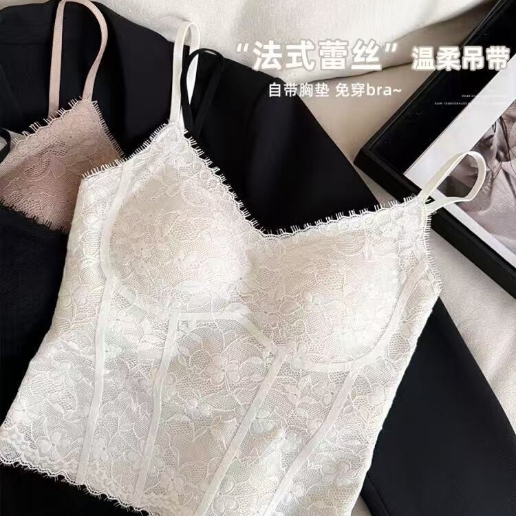 法式蕾丝美背吊带背心女内搭带胸垫内衣女秋季薄款可外穿打底上衣|undefined