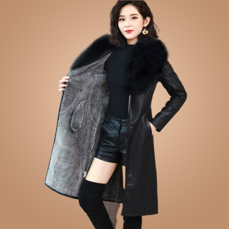 Big Fur Collar Autumn and Winter PU Leather Women's fleece-lined Thickened Mid-length Korean Style 2020 New Slim-fit Slimming Waist Jacket