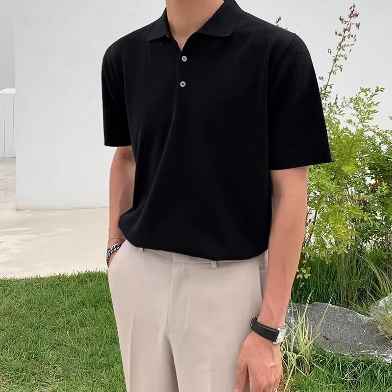 Nueva Camiseta de manga corta de seda de hielo a rayas casual ropa superior de los hombres delgados simples suéter de moda