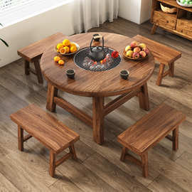 老榆木围炉碳电烧烤桌两用泡茶台阳台户外烧烤小圆桌家用煮茶桌