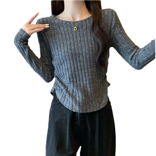 Languid Style Long-Sleeve T-Shirt, Inner Wear for a Slimming and Elegant Look, Pleated Design, Cinched Waist for a Slimming and Concealing Effect, Base Layer Top for a Trendy Look