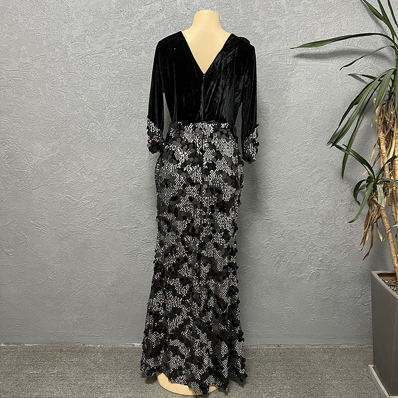 Damenbekleidung Mode schlanke Samt Pailletten Abendkleid Kleid_voghion.com