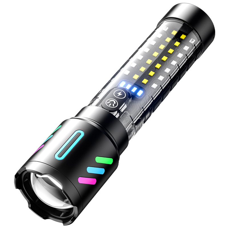 新型白レーザー伸縮ズーム強光懐中電灯家庭用屋外遠射赤青警告側灯led懐中電灯|undefined