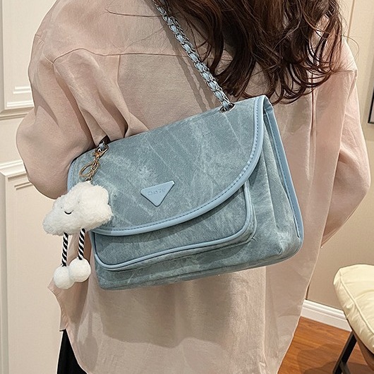 休閒小眾牛仔布包包女2024新款百搭鏈條斜挎包時尚通勤單肩腋下包