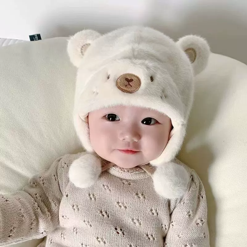 婴儿帽子秋冬季男女宝宝可爱松紧毛绒帽加厚保暖冬天婴幼儿护耳帽