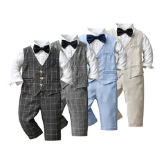 Wholesale Foreign Trade Children's Apparel Baby English Gentleman Plaid Three-Piece Set for Spring and Autumn Seasons Long-Sleeve Boys' Suit