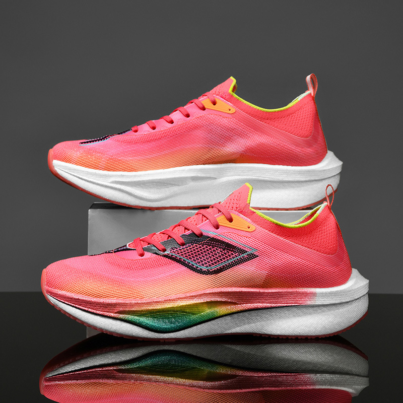 Zapatos de carreras de suela blanda superligera transpirables para hombres y mujeres, zapatos de carreras de carbono de fricción y sonido