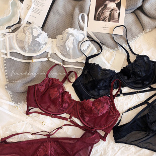 French embroidery mesh lace-up ultra-thin big chest small breathable bra D cup plus size sexy underwear women's bra