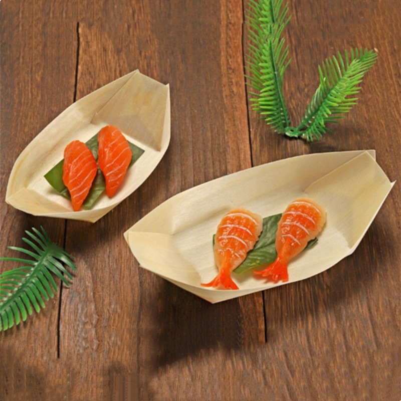 Barco de cuero de madera desechable barco de sushi caja de embalaje bocadillos inventario de cocina de corazón sashimi barco de madera plato de comida creativa del Hotel image 3