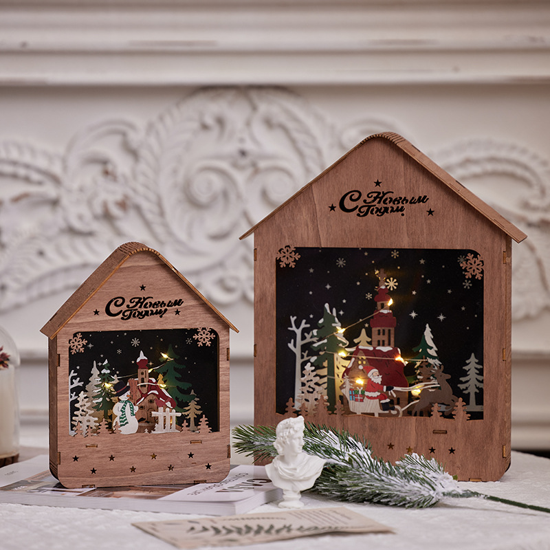 Navidad retro luminosa madera pequeña decoración de la casa colgante con luces decoración de Navidad escena disparo de props