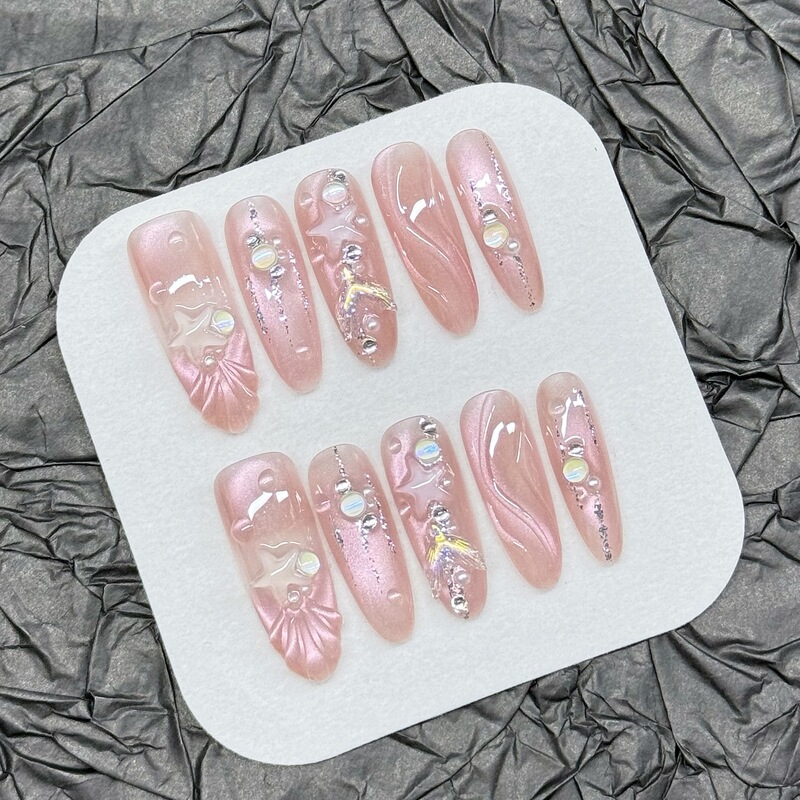 [Mermaid Princess] Purely Handmade Wearable Nails, Gentle Elegant, Cat-Eye Fish Tail, Five-Pointed Star, Water Ripple, Sparkling Manicure