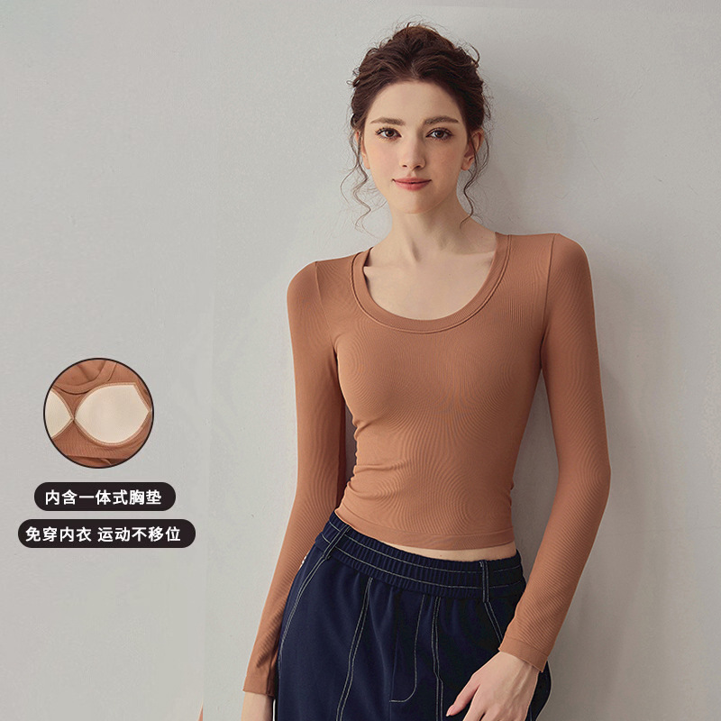 Yoga Clothing Women's Autumn and Winter One-piece Cup Sports Top with Chest Pad Slim-fit Slimming Long-sleeved Pilates Training Fitness Clothing