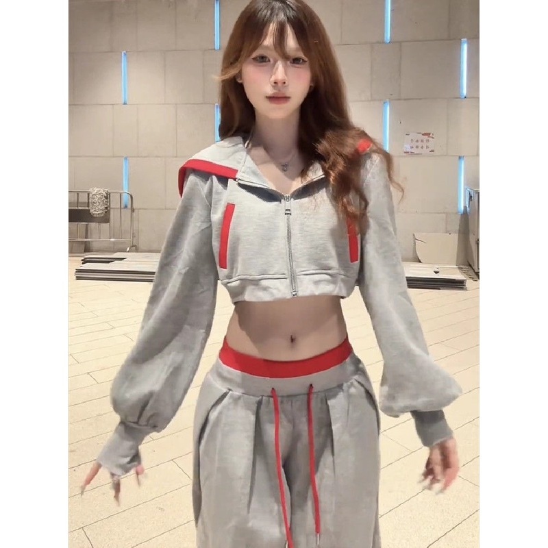 美式辣妹运动卫衣套装女秋季短款连帽上衣外套直筒阔腿长裤两件套|undefined