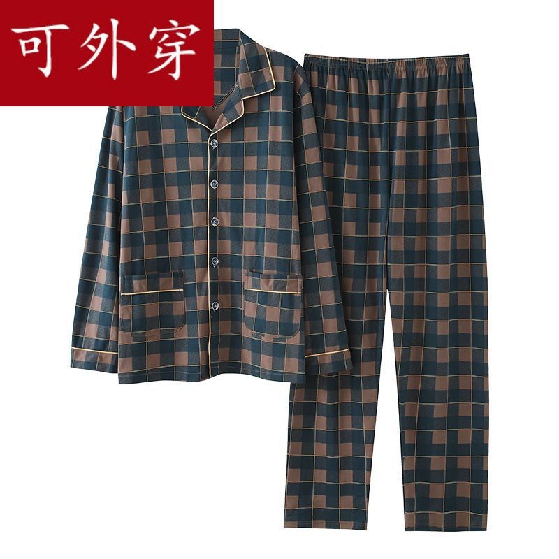 Pijamas de hombre primavera y otoño de mediana edad 100% algodón de manga larga de mediana edad y anciano papá más tamaño traje de homewear