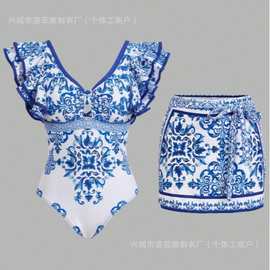 新中式青花瓷度假复古国风印花连体泳衣两件套厂家直销