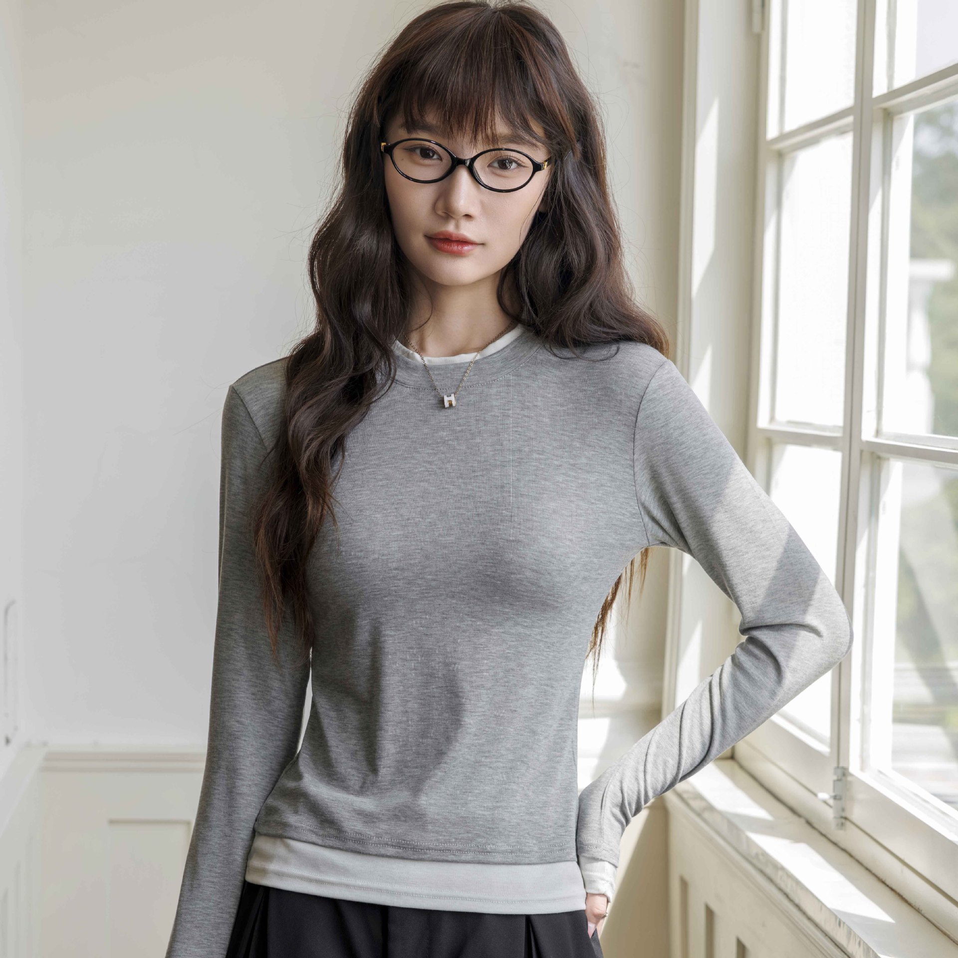 402 lyocell acetate contrast colors false-two-piece round neck bottoming shirt women‘s autumn and winter wool inner wear long sleeve t-shirt top