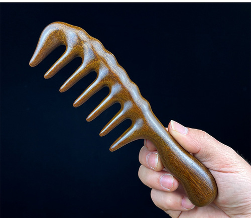 Golden Silk Sandalwood Thick Handle Acupressure Massage Carved Wooden Comb for Long Curly Hair, Scalp Acupoints Sandalwood Comb