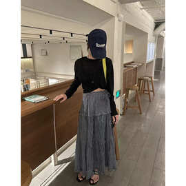 现 2025秋季新款韩国东大门松紧腰木耳边格纹蛋糕半身裙