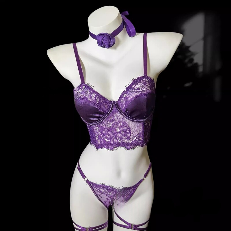 Domila Purple Sexy Lace Stitching Bra suit Gather See-through Assembly Neck Flower G-string suit Domila Purple Sexy Lace Stitching Bra suit Gather See-through Assembly Neck Flower G-string suit