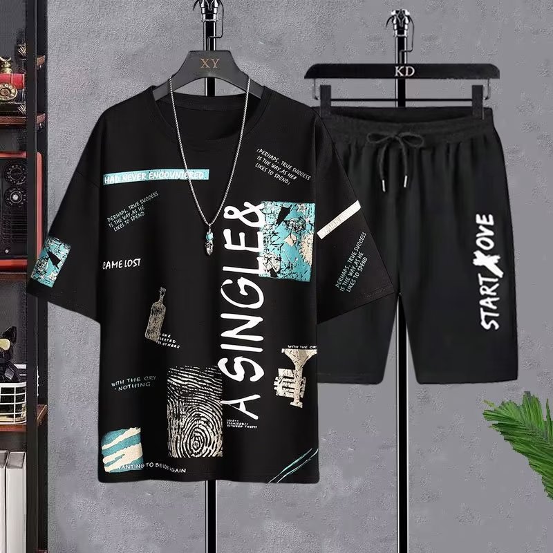 Nuevo traje de degradado de seda de hielo de secado rápido, camiseta de manga corta para hombre, pantalones cortos casuales de verano, traje deportivo de dos piezas al por mayor de fábrica