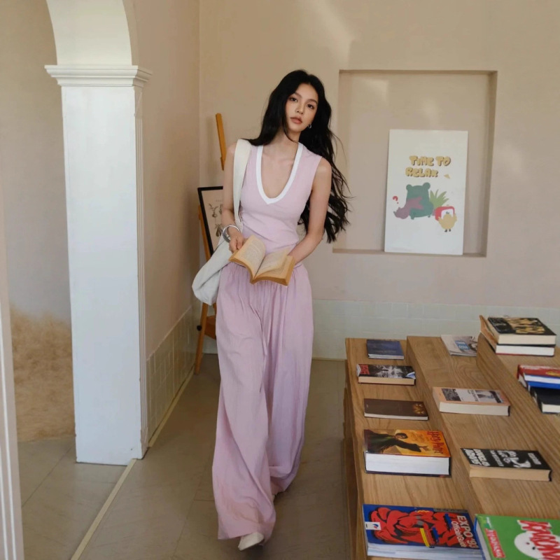 Summer Women's 2025 New Korean Style Relaxed Color-Blocked V Neck Sleeveless Vest Draped Loose Straight Casual Pants