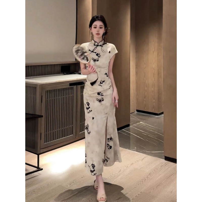 フランス風中国風水墨画ボタン付きドレス女性の夏のスタンドカラースリムフィット純粋な欲望の気質新しい中国風スリット改良|undefined