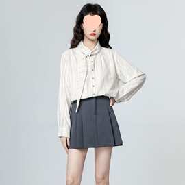 法式竖条纹长袖衬衫女2024春秋季新款小众设计感飘带衬衣别致上衣