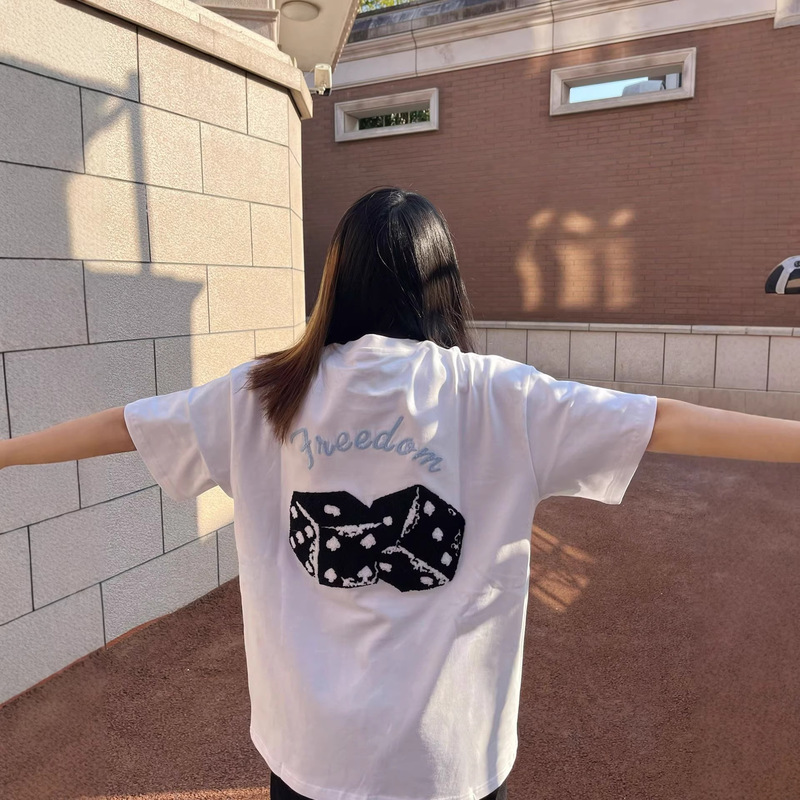 American Retro Style Dice Embroidery Pure Cotton Short-Sleeve Unisex Summer Round Neck Loose Casual T-Shirt American Retro Style Dice Embroidery Pure Cotton Short-Sleeve Unisex Summer Round Neck Loose Casual T-Shirt